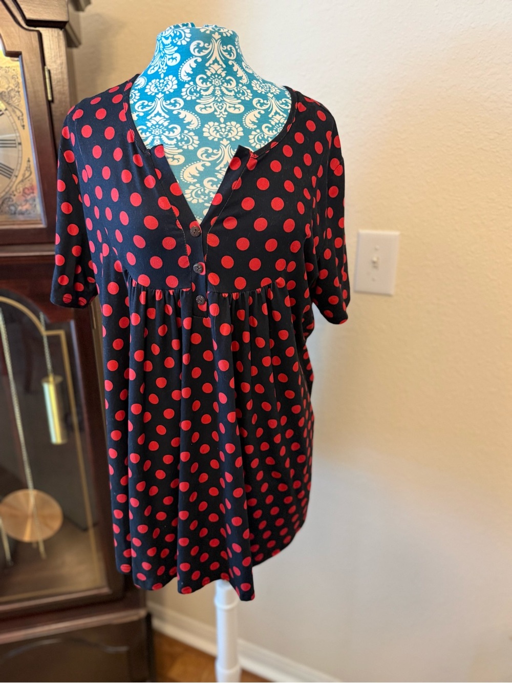 Black V-Neck Tunic with Red Polka Dots